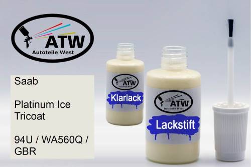 Saab, Platinum Ice Tricoat, 94U / WA560Q / GBR: 20ml Lackstift + 20ml Klarlack - Set, von ATW Autoteile West.